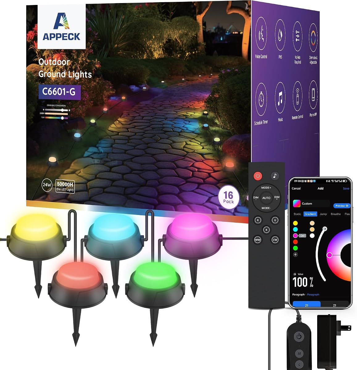 Outdoor Ground Lights 16 Pack, 50FT RGBW Pathway Lights Wired | IP65 Waterproof Landscape Lights, Color Changing, 2200K Warm White, Garden Yard Lawn Walkway, Holiday Decor, Alexa Compatible