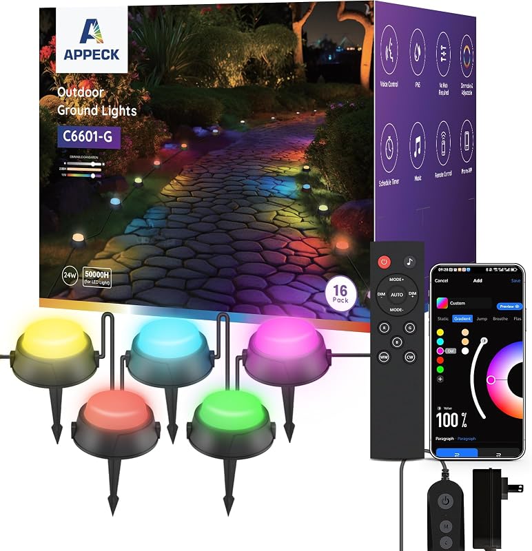 Outdoor Ground Lights 16 Pack, 50FT RGBW Pathway Lights Wired | IP65 Waterproof Landscape Lights, Color Changing, 2200K Warm White, Garden Yard Lawn Walkway, Holiday Decor, Alexa Compatible