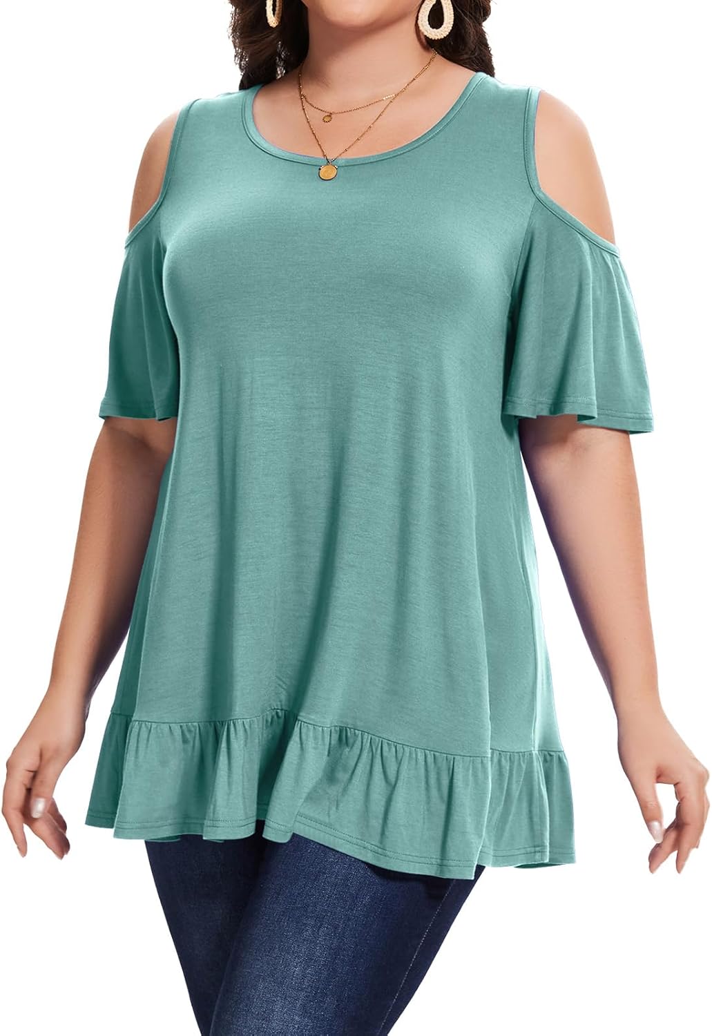 LARACE Plus Size Cold Shoulder Tops For Curvy Women Summer Short Sleeve Tunics Dressy Casual Shirts Loose Fit Pleated Blouses - Image 4