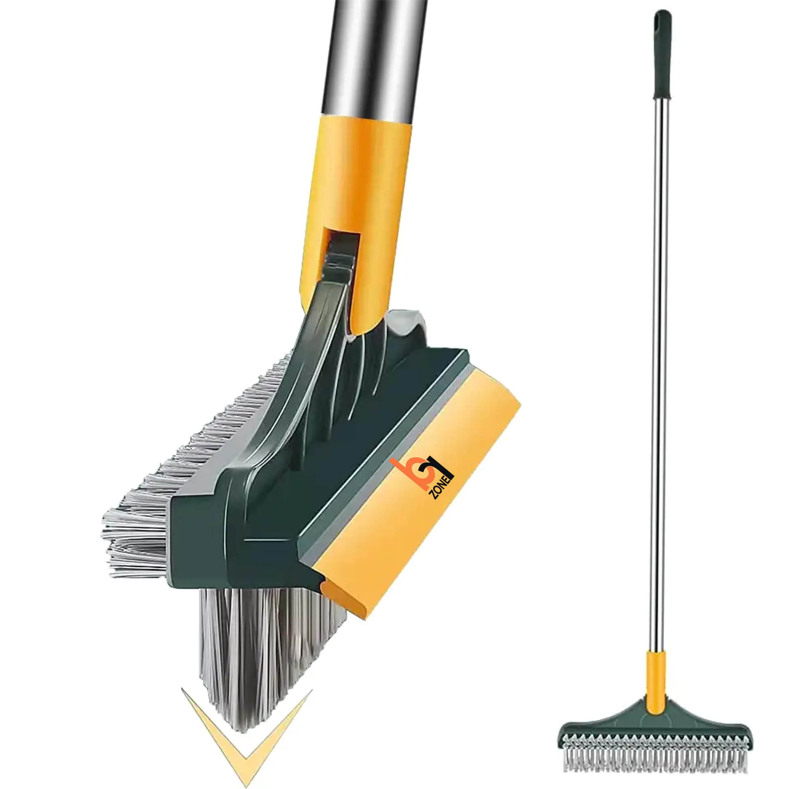 Brzone 3 in 1 Cleaning Floor Scrub Brush & Viper Type with Long Handle Grout Brush Scrape V-Shape Stiff Bristle Cleaning Brush with Squeegee,120°Rotating (3 in 1), alloy_steel, green