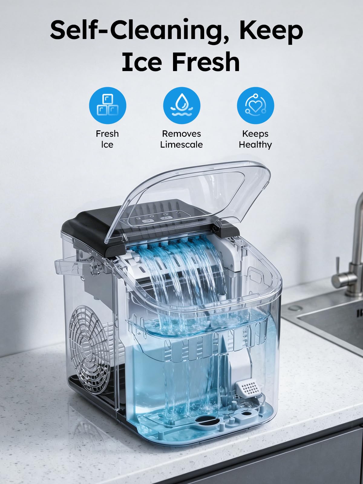 Ice Makers Countertop, 26lbs in 24Hrs, 8 Ice Cubes Ready in 6 Mins, Self-Cleaning Portable Ice Machine with Handle, Countertop Ice Maker with Basket and Scoop for Home/Kitchen/Camping/RV - 5