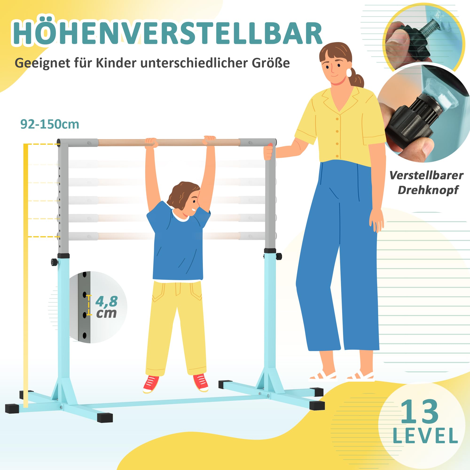 HOMCOM Gymnastikstange für Kinder, höhenverstellbar Turnreck Reckstange, Reck Turnstange für Indoor & Outdoor aus Holz & stabile Stahlkonstruktion bis 75 kg belastbar, für 3+ Kinder