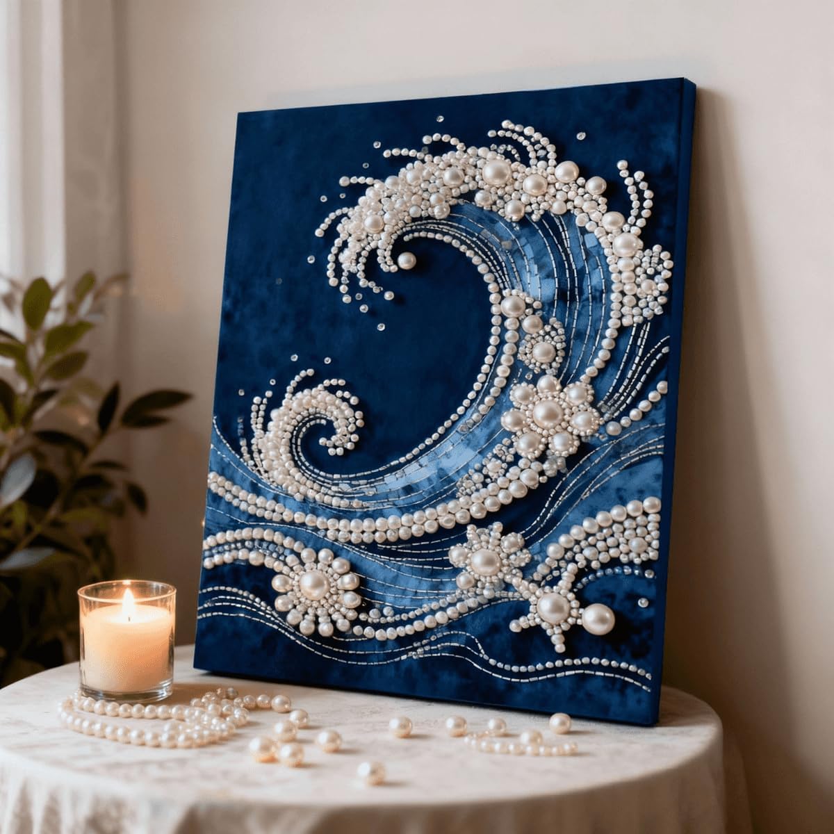 DIY Diamond Pearl Painting Kit for Adults, Flower 3D Pearl Painting Craft with Wooden Frame 40x50cm, Beginner Friendly Home Wall Decor Art, Gift for Women Men Housewarming (Wave-01)