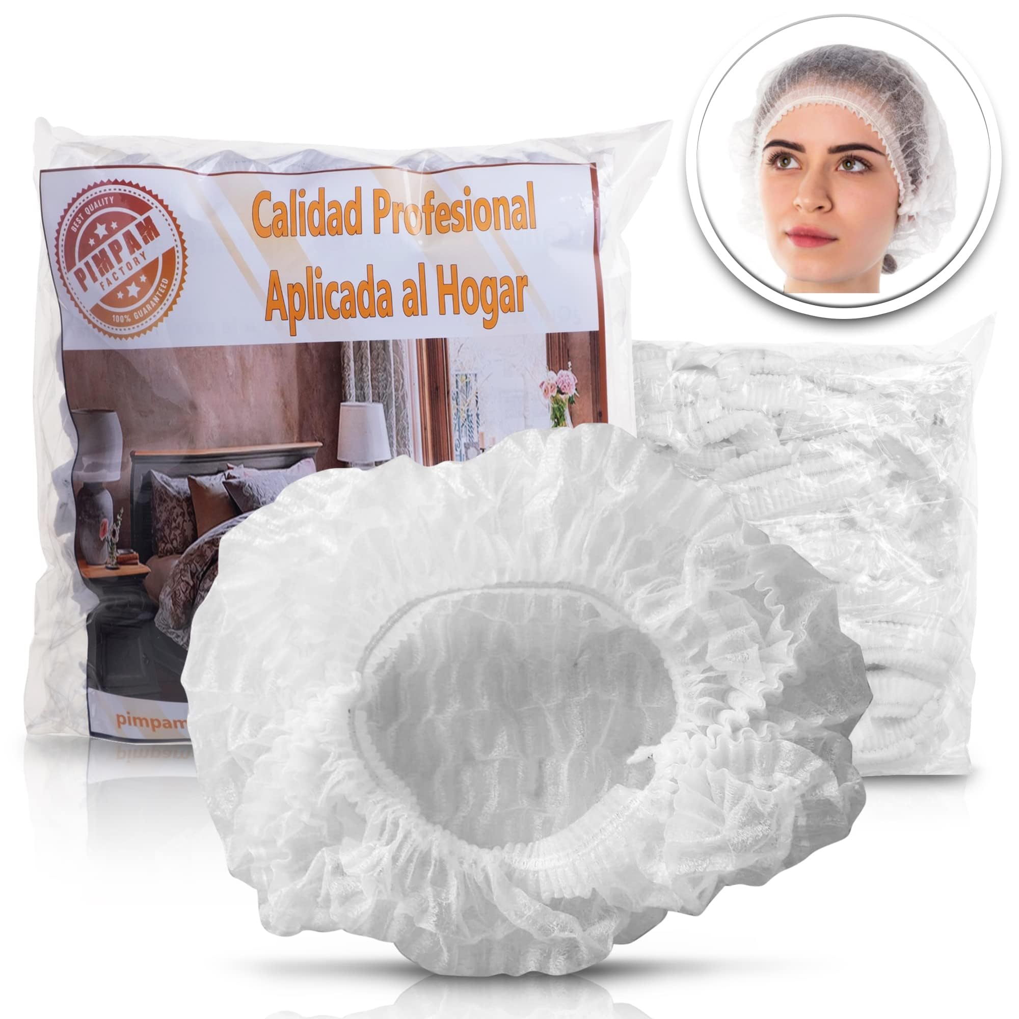 PimPam Factory - Gorros Desechables Estética-Transpirables y Ajustables - Gorros Desechables Sanitarios para Hotel, Balneario, Spa, Ducha o Peluqueria - Apto para Pelo Largo - Pack 100