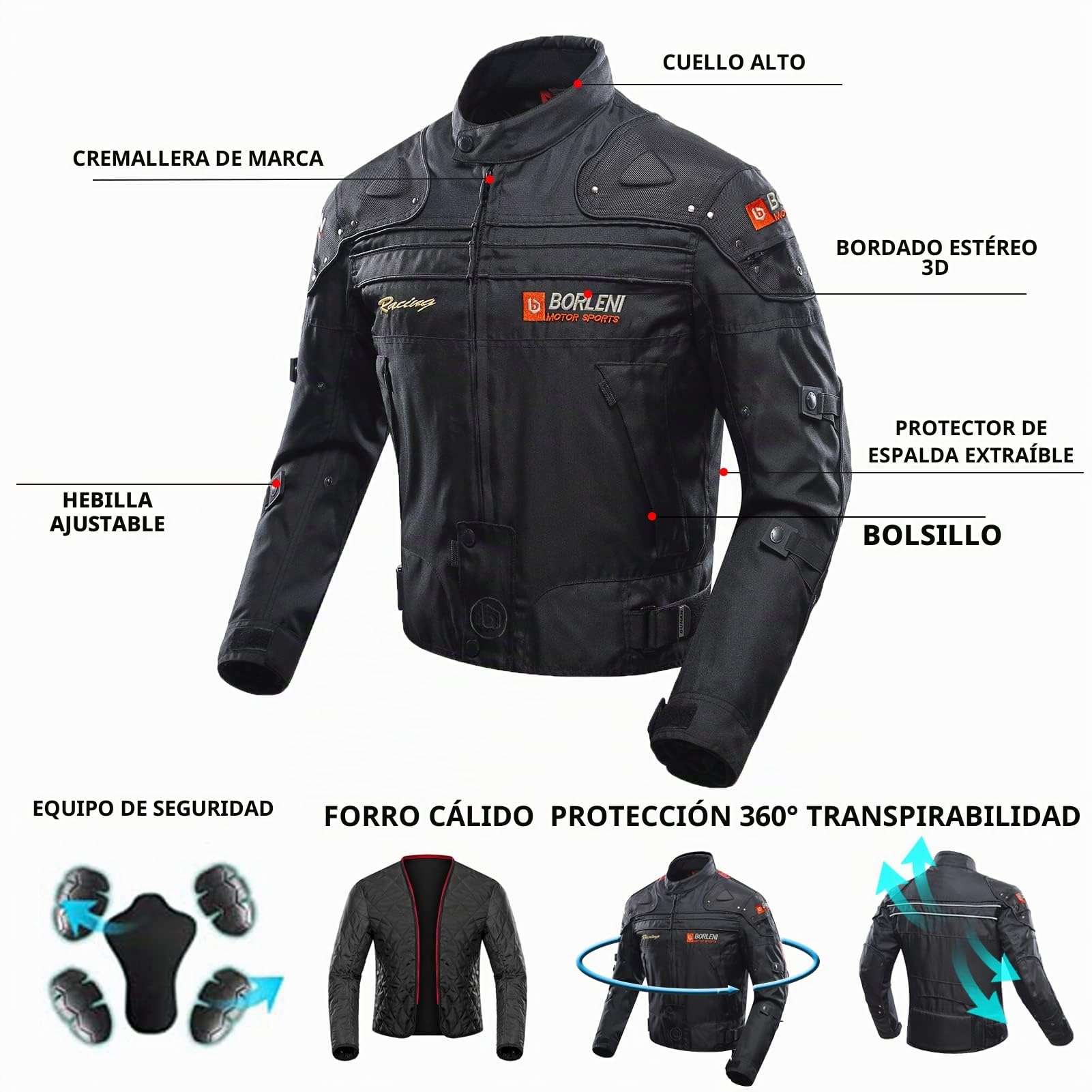 BORLENI Chaqueta de moto a prueba de viento motocicleta armadura de equipo de protección otoño invierno verano para hombre de toda estaciòn