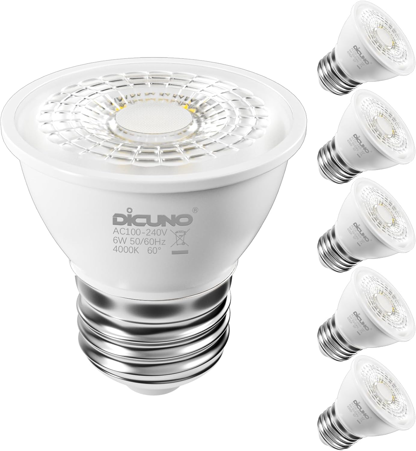 DiCUNO PAR16 LED Bulb 60W Equivalent, 6W Short Neck Spotlight Bulb, 660Lumen, 4000K Natural White, High CRI of 95, E26 LED for Recessed Light, Non-dimmable, 60° Beam Angle, Pack of 6