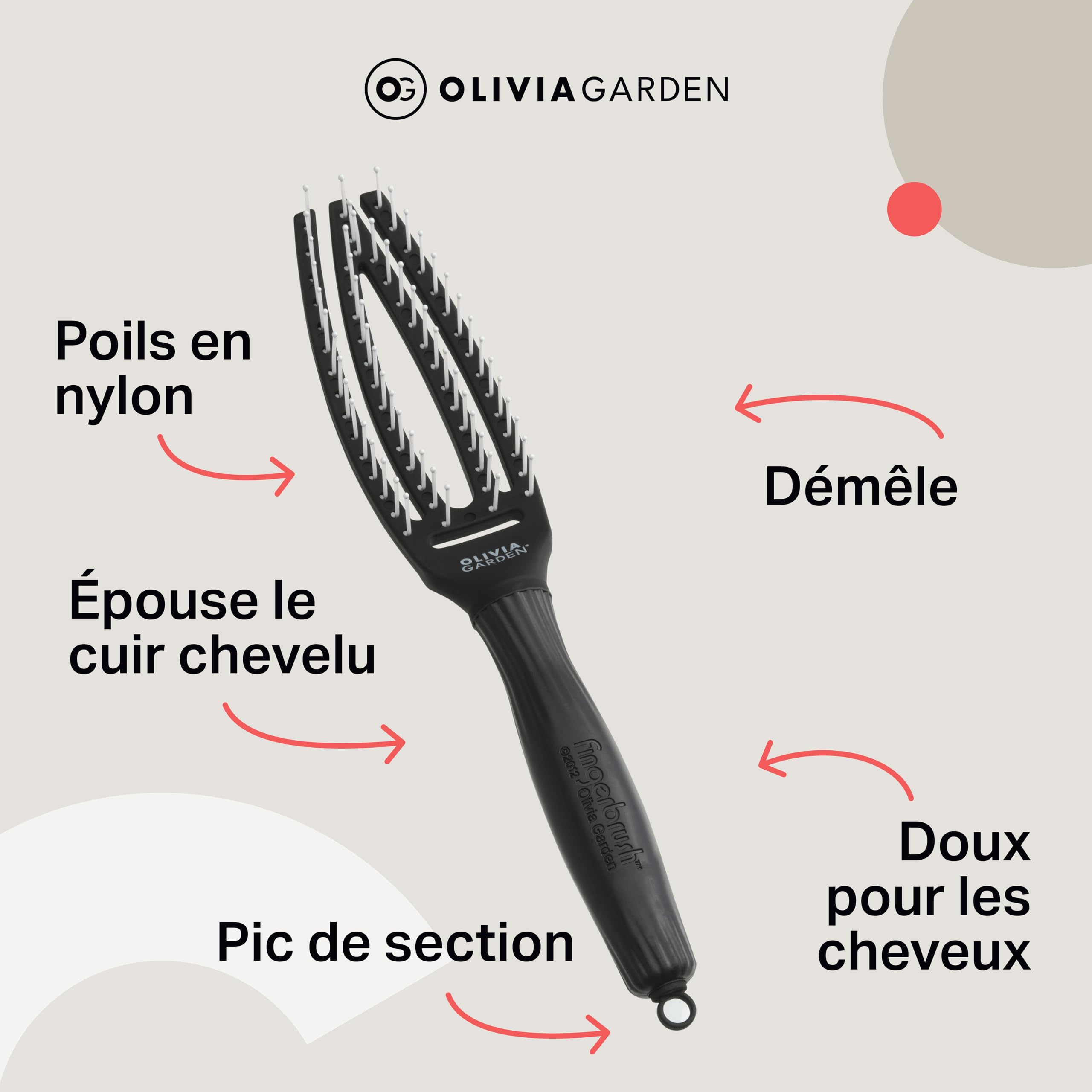 Fingerbrush Care Iconic Olivia Garden - Talla Media - Negro - Cepillo de cerdas de Nylon para desenredar y peinar sin esfuerzo