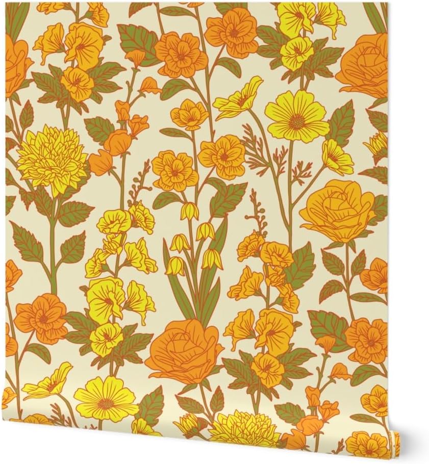 Peel & Stick Wallpaper 3ft x 2ft - Retro Floral Yellow Orange Green 1970S Flowers Botanical Custom Removable Wallpaper by Spoonflower