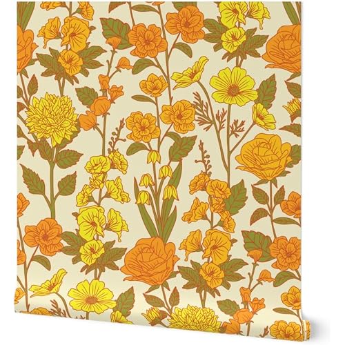 Peel & Stick Wallpaper 6ft x 2ft - Retro Floral Yellow Orange Green 1970S Flowers Botanical Custom Removable Wallpaper by Spoonflower
