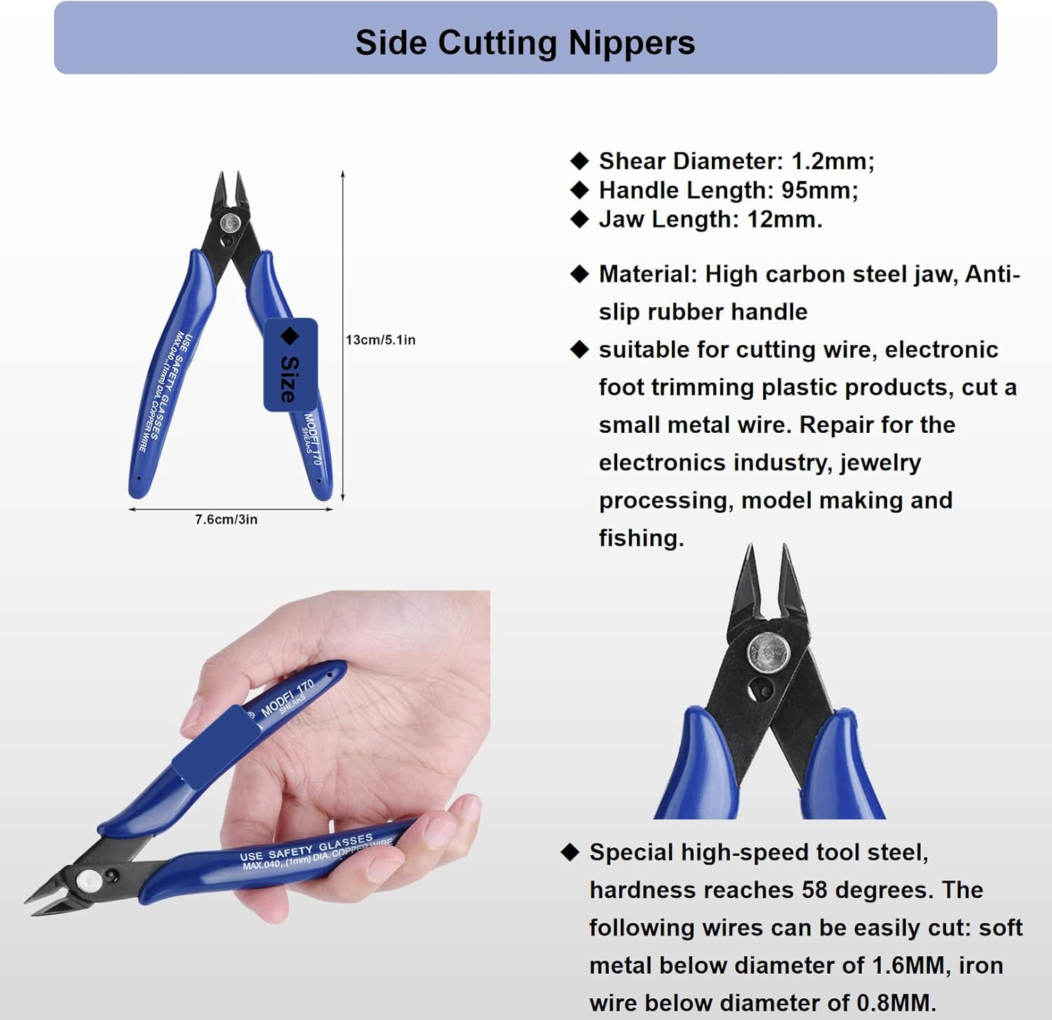 Diagonal Cutting Pliers, Side Cutting Nippers Wire Cutter Snips Diagonal Pliers Tool Blue Flush Cutter Wire Cutter Plier Side Snips High Carbon Steel Jaw for Cutting Wires