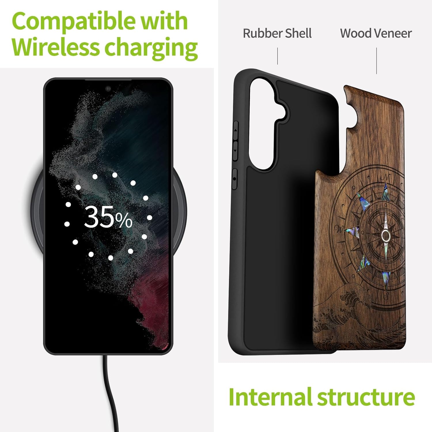 Carveit Designer Wooden Case for Samsung Galaxy S24 Plus Case [Wood Engraving & Shell Inlay] Compatible with Wireless Chargers S24 Plus Cover (Wave Compass-Walnut)