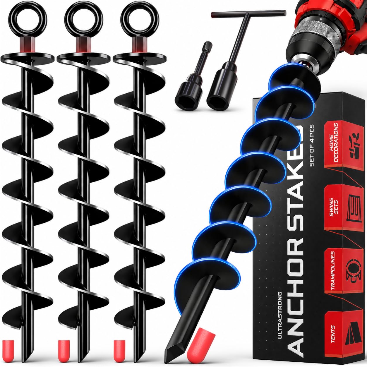 Happinยฎ Trampoline Stakes, Trampoline Accessories, Ground Stakes Heavy Duty, Ground Anchors Screw in, Rebar Stakes, Tent Anchors, Yard Spikes, Galvanized Steel (4 Pack Spiral, Black)