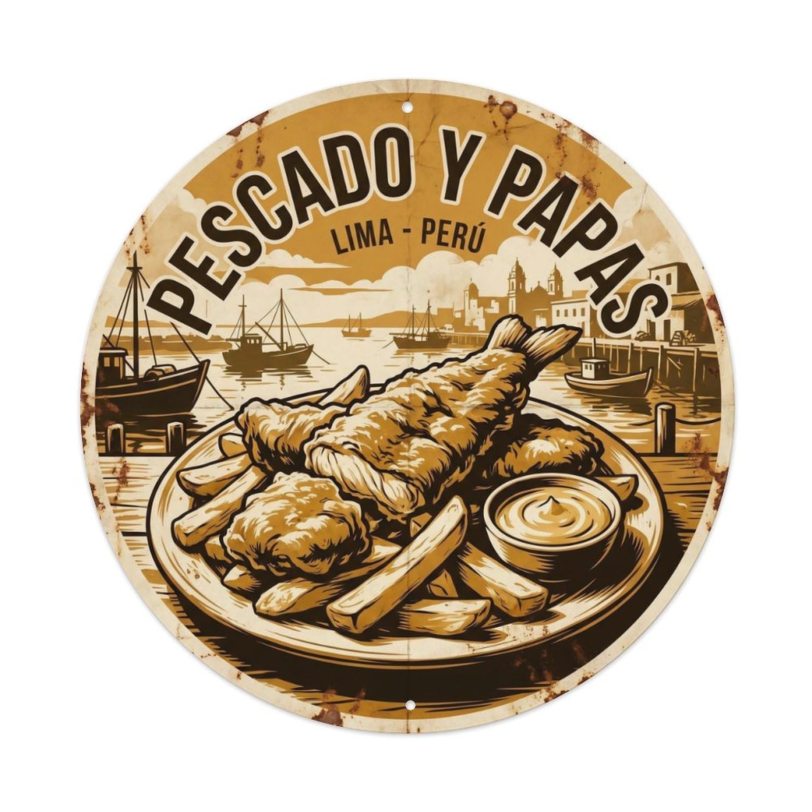 Fried Fish Peru Travel Coastal Food Vintage Monochrome Metal Tin Sign