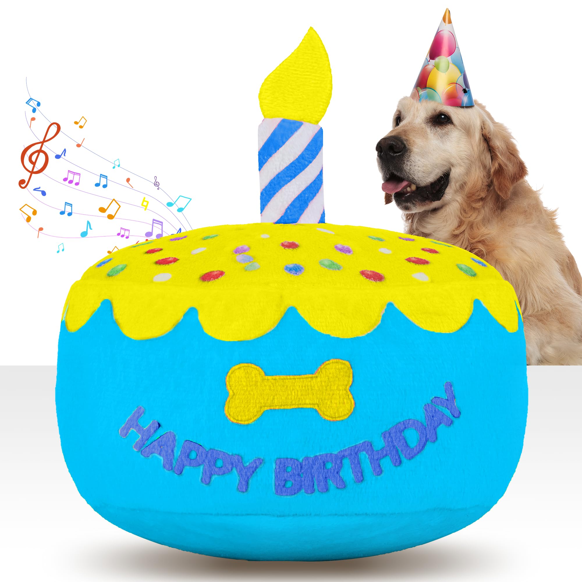 Zabawka dla psa, tort urodzinowy 15 cm, większy, pluszowy prezent dla psa, z elektroniczną pozytywką, gra 'Happy Birthday' piosenka i melodia szczeka, dekoracja imprezowa dla wszystkich