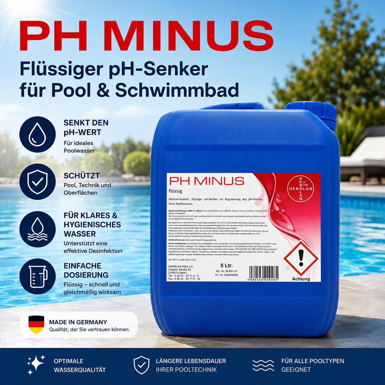 HERRLAN® pH Minus 10 Liter / 11 kg – Flüssiger pH-Senker für Pool & Schwimmbad - Professionelle pH-Regulierung für Chlor- & Salzwasseranlagen - Made in Germany
