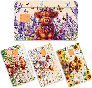 Credit Card Skin Stickers - 4 Pcs Highland Cow Debit Card Skin Stickers, Sunflower Cow UV DTF Wraps Rub on Transfer Removable Waterproof Floral Decal Cover Set for DIY Key, Transportation