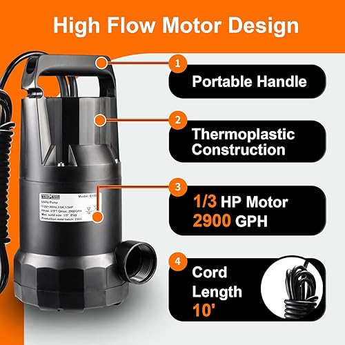 Miniatura 2 de WASSERMANN Bomba de agua sumergible de 13 HP, diseño sin aceite con cable de alimentación de 10 pies, bomba de transferencia portátil de utilidad