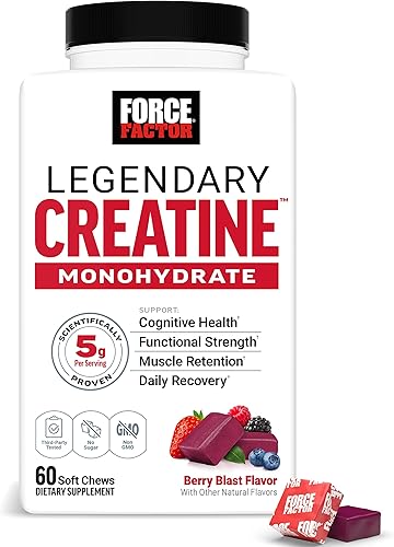 FORCE FACTOR Legendary - Masticables de creatina, monohidrato de creatina de 0.18 onzas, construyen músculo, mejoran la fuerza y la recuperación,