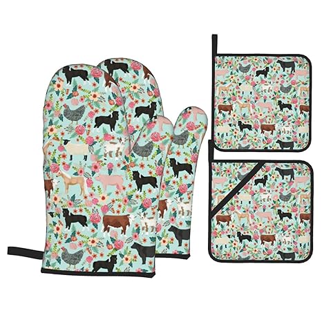 Farm Animal Chicken Floral Oven Mitts and Pot Holders Sets Set of 4?Resistant Hot Pads Non-Slip Cotton Lining Gloves for Kitchen Baking Cooking Grilling