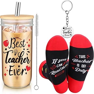Treela Teacher Gifts Appreciation 2025 for Women Men Include 20 oz Glass Cup with Bamboo Lid Straw Best Teacher Ever Socks Keychain Thank You Appreciation Gifts Graduation Party Office Supplies