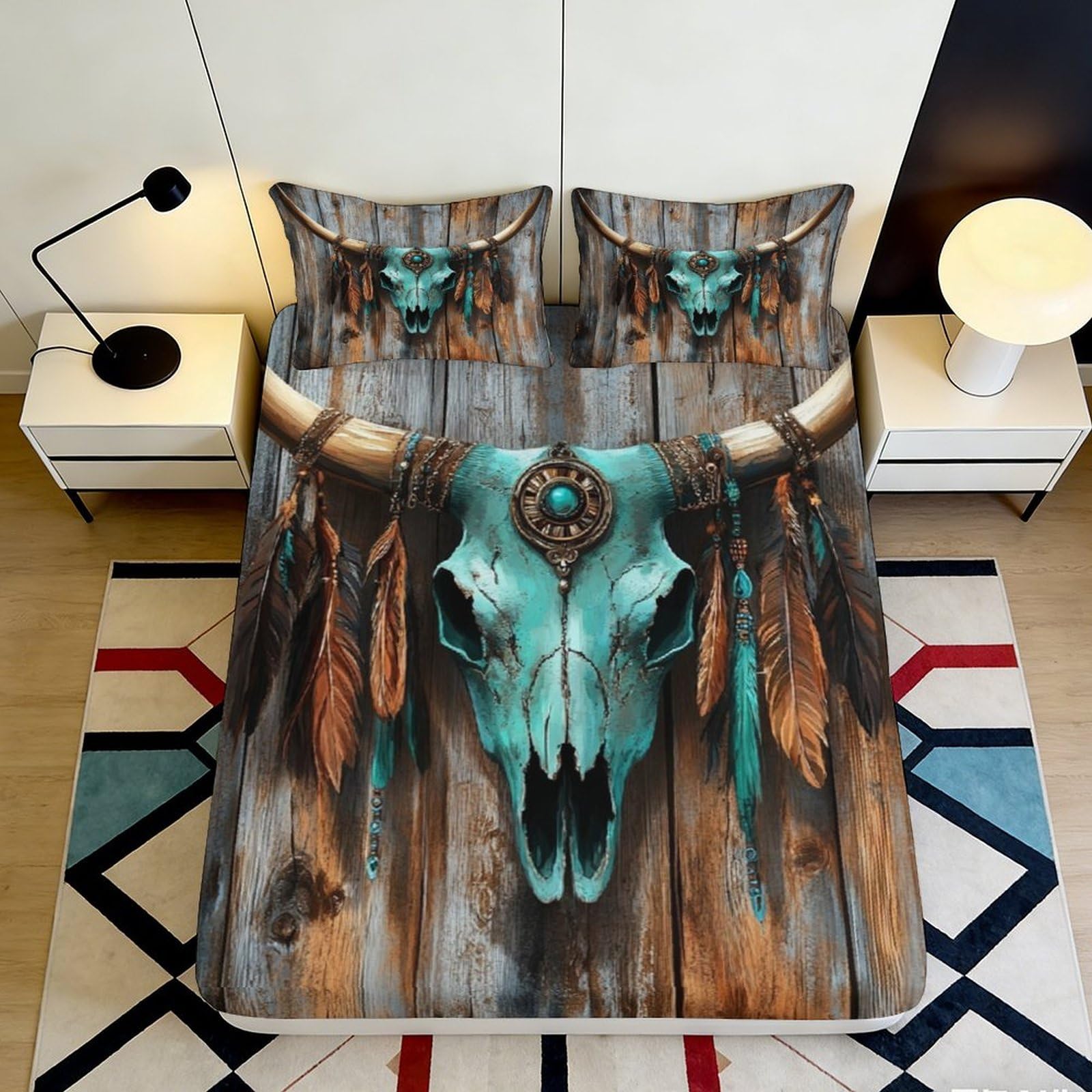Pnayamiorkfel Style-7 3D Printed Turquoise Bull Skull Fitted Sheet Microfiber Boho Tribal Feather Bed Cover For Bedroom Guestroom Decor 90X200x25cm