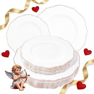 WDF 60pcs Rose Gold Plastic Plates-Baroque White &Rose Gold Disposable Plates including 30Plastic Dinner Plates 10.25inch, 30 Salad Plates 7.5inch for Wedding, Parties, Valentines Day