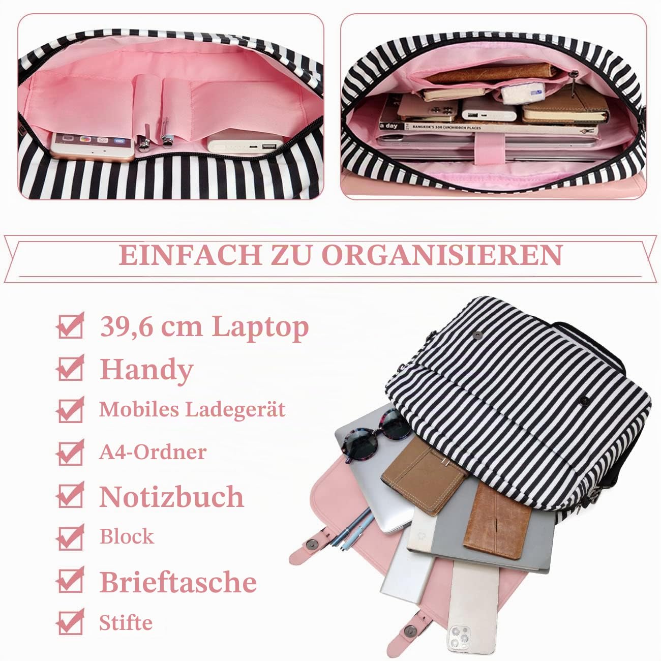 RAVUO Laptoptasche Damen, Wasserabweisend Lehrertasche 15,6 zoll Laptop Messenger Bag Elegant Aktentasche Arbeitstasche für Büro Reisen Rose