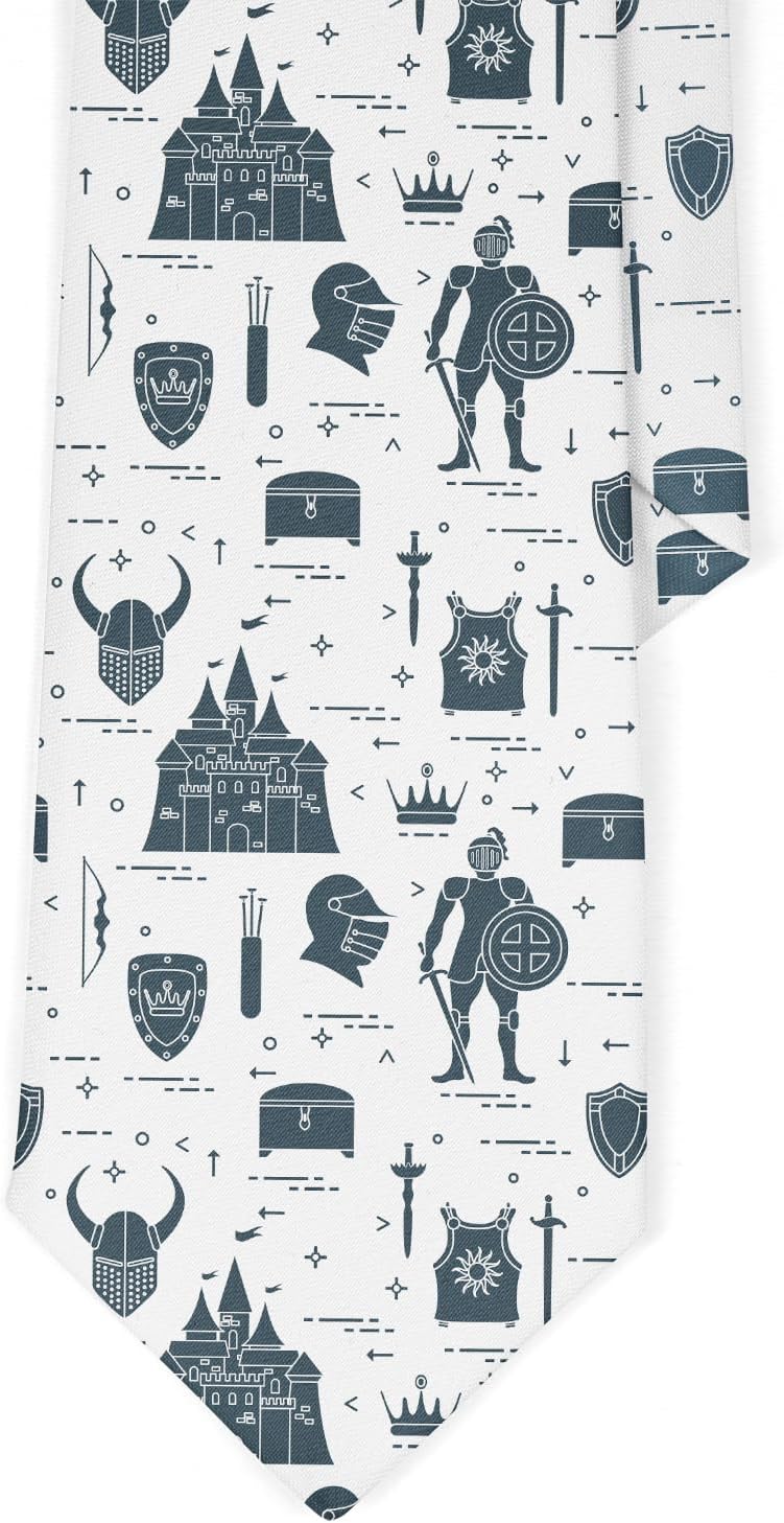 Novelty Necktie for Men (Knight Castle Shields Pattern) Fun Conversational Silky Tie, Neck Tie for Party, Events, Unique and Original