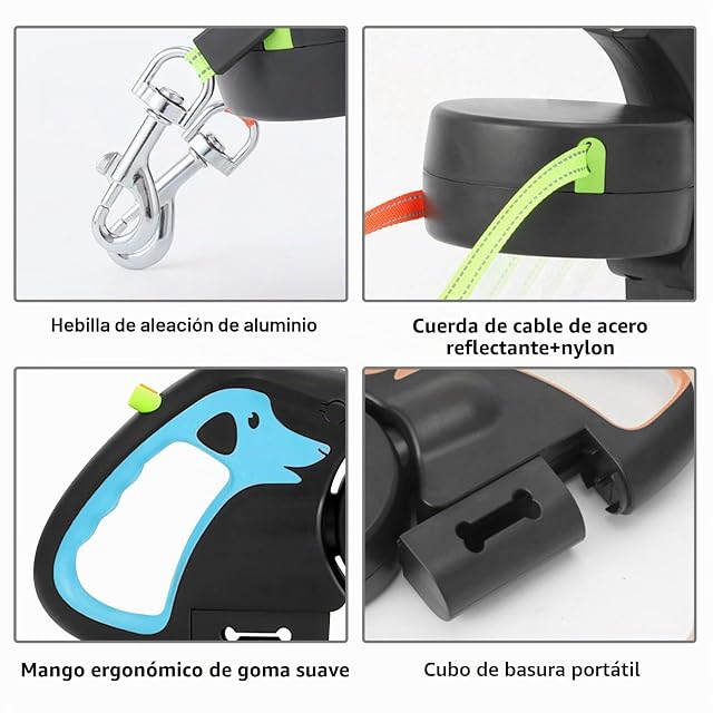 Foto 3 de 7 de Doble correa retráctil para perros, correa enrollable con luz LED, doble correa extensible para perros de 3 m