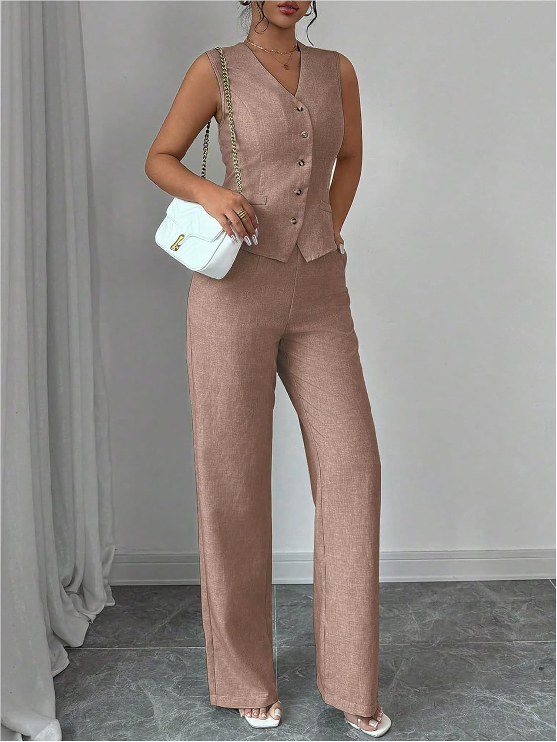 SOLY HUX Women's 2 Piece Outfits V Neck Button Down Vest Tops and High Waisted Pants Set Office Work Suit - Image 4