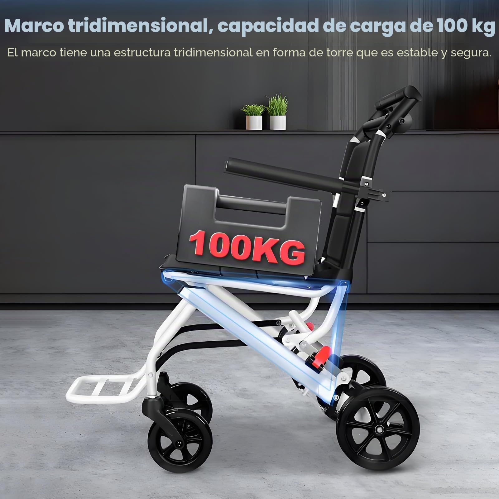 Fukur Silla de ruedas plegable para adultos, silla de viaje portátil ligera con diseño ergonómico, correa de seguridad ajustable, marco de aluminio y ruedas de PU