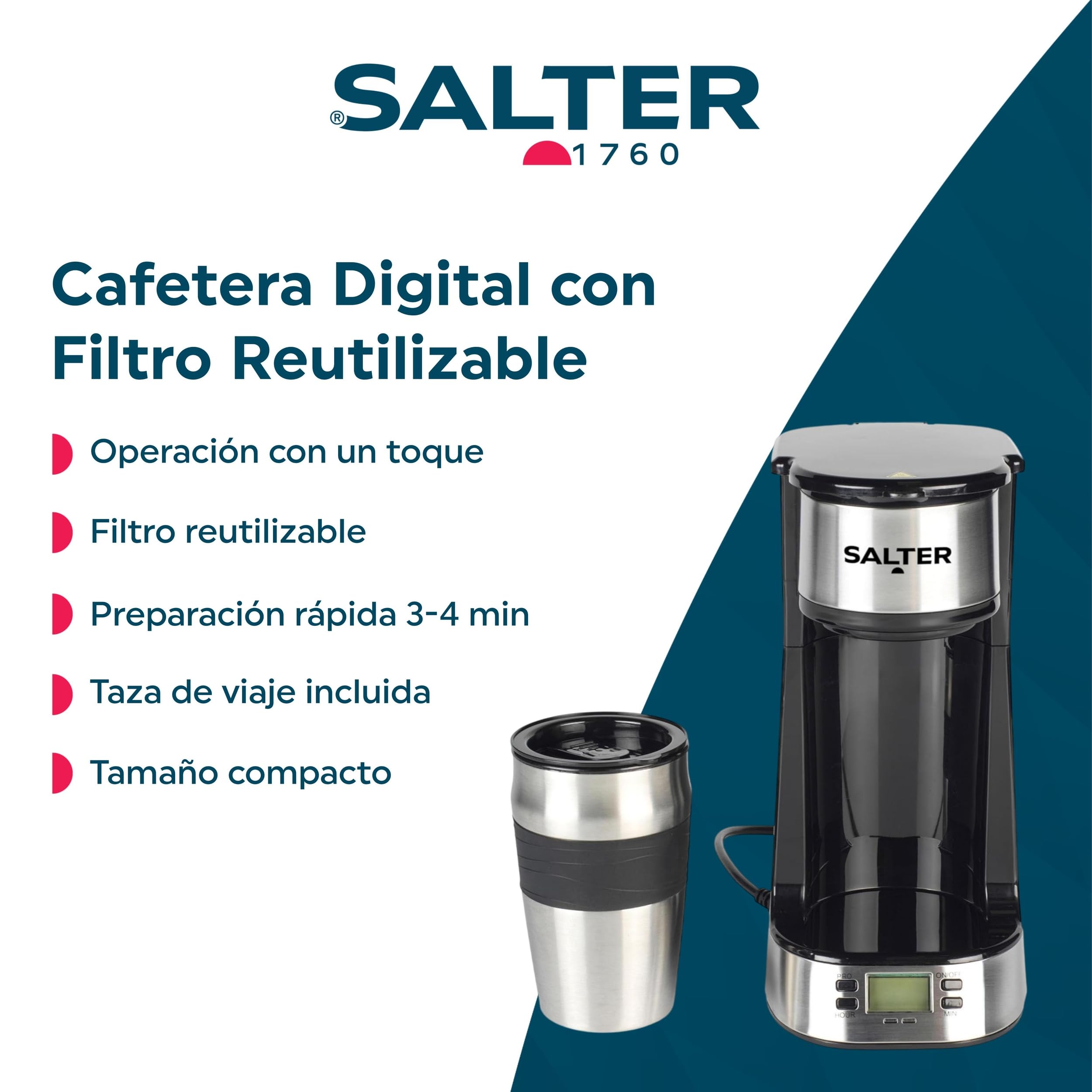 Salter Cafetera de Filtro Digital – Filtro Lavable y Reutilizable, Incluye Taza de Viaje de 420 ml de Acero Inoxidable, Prepara Café en 3-4 Minutos, Compatible con Café Molido o Pads