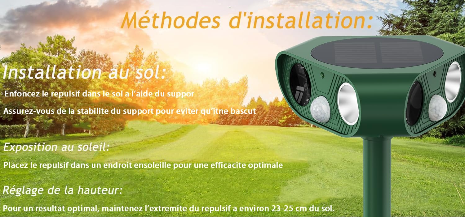 Répulsif Chat Extérieur Solaire 360° Repulsif Chat Ultrason, Recharge USB | Repulsif Chat Ultrason, Répulsif Chat Solaire avec 3 Flash LED, 3 Détecteur PIR, IP65 Imperméable, 2000 mAh, sur 0-26 mètres