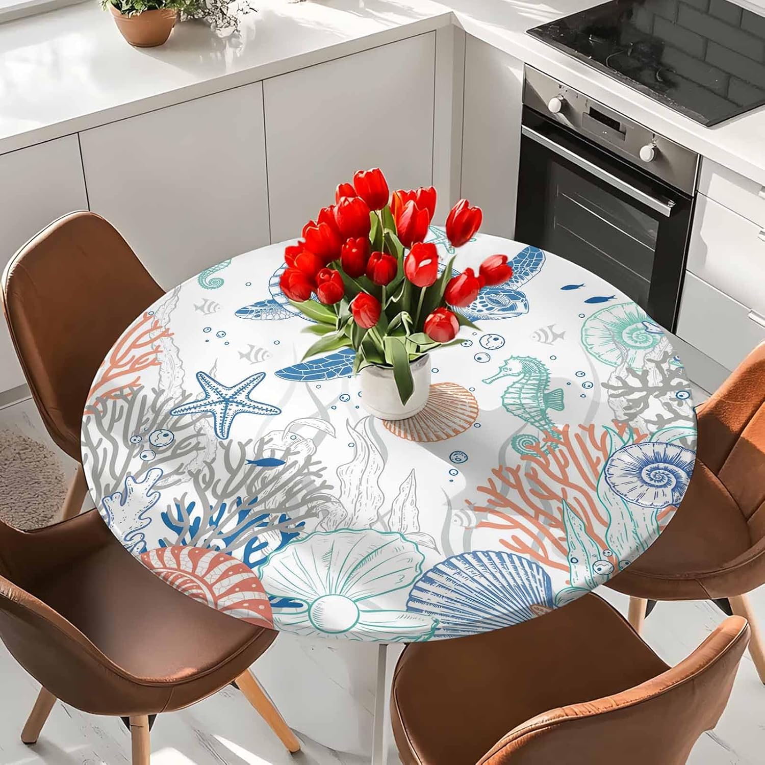 Ocean Sea Turtle Fitted Round Tablecloth,Coastal Shell Coral Waterproof Table Cover with Elastic Edged,Blue Aqua Sealife Table Cloth for Dining Kitchen Party Picnic,Fits Round Tables up to 36"-44"
