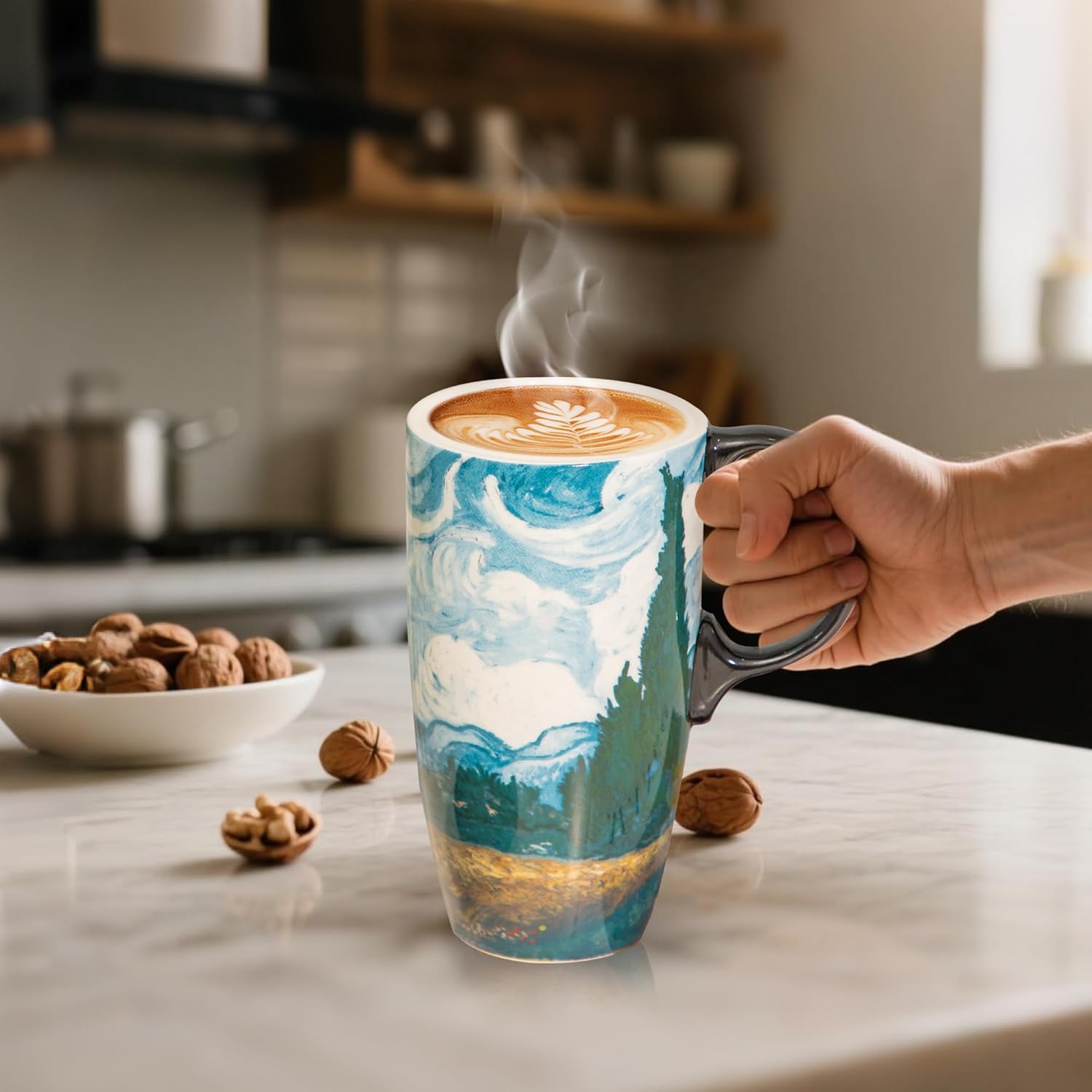 Topadorn Ceramic Coffee Travel Mug with Gift Box, 17 Oz Tea Cups with Handle & Lid for Latte, Tea, Cappuccino, Milk, Cocoa, Microwave&Dishwasher Safe, Wheat Field and Cypress - Image 2