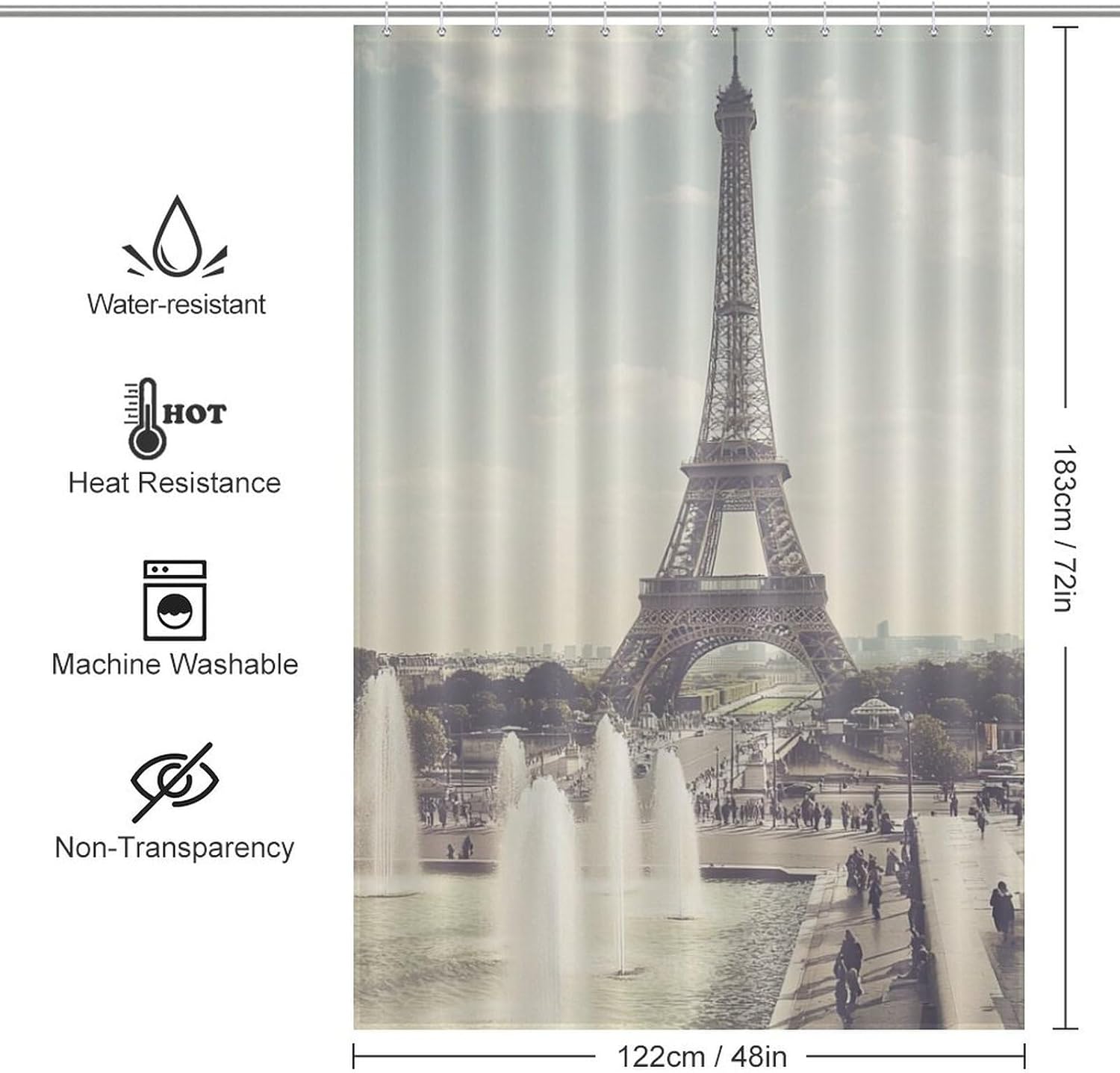 Eiffel Tower Vintage Paris Funny Shower Curtains Washable Bath Curtain Liner with Hooks for Bathroom Bath Tubs
