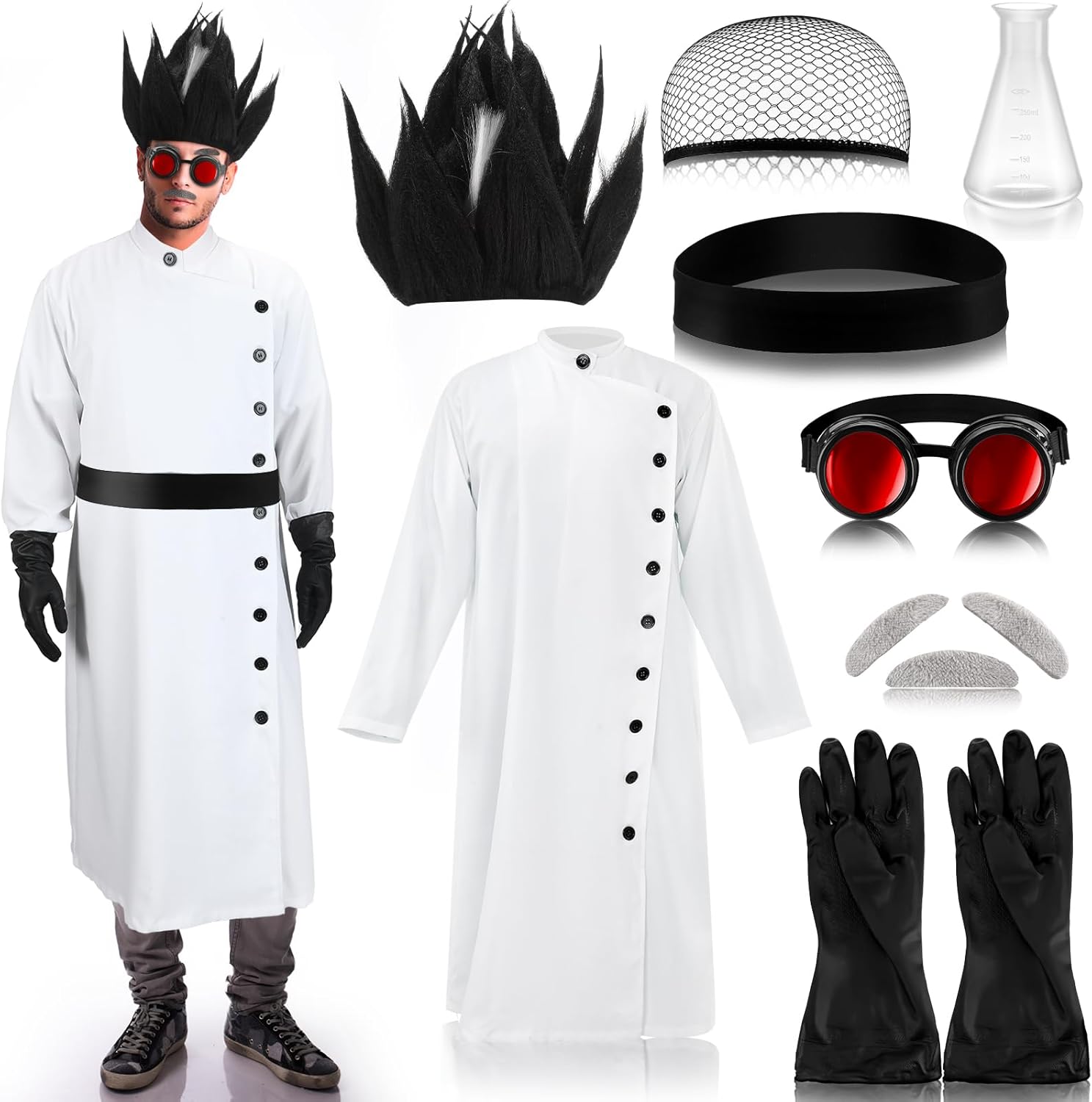 Jiuguva 9 Pcs Halloween Mad Scientist Costume for Adult Men Including Coat Belt Cups Gloves Goggles Wig Mustache Eyebrows