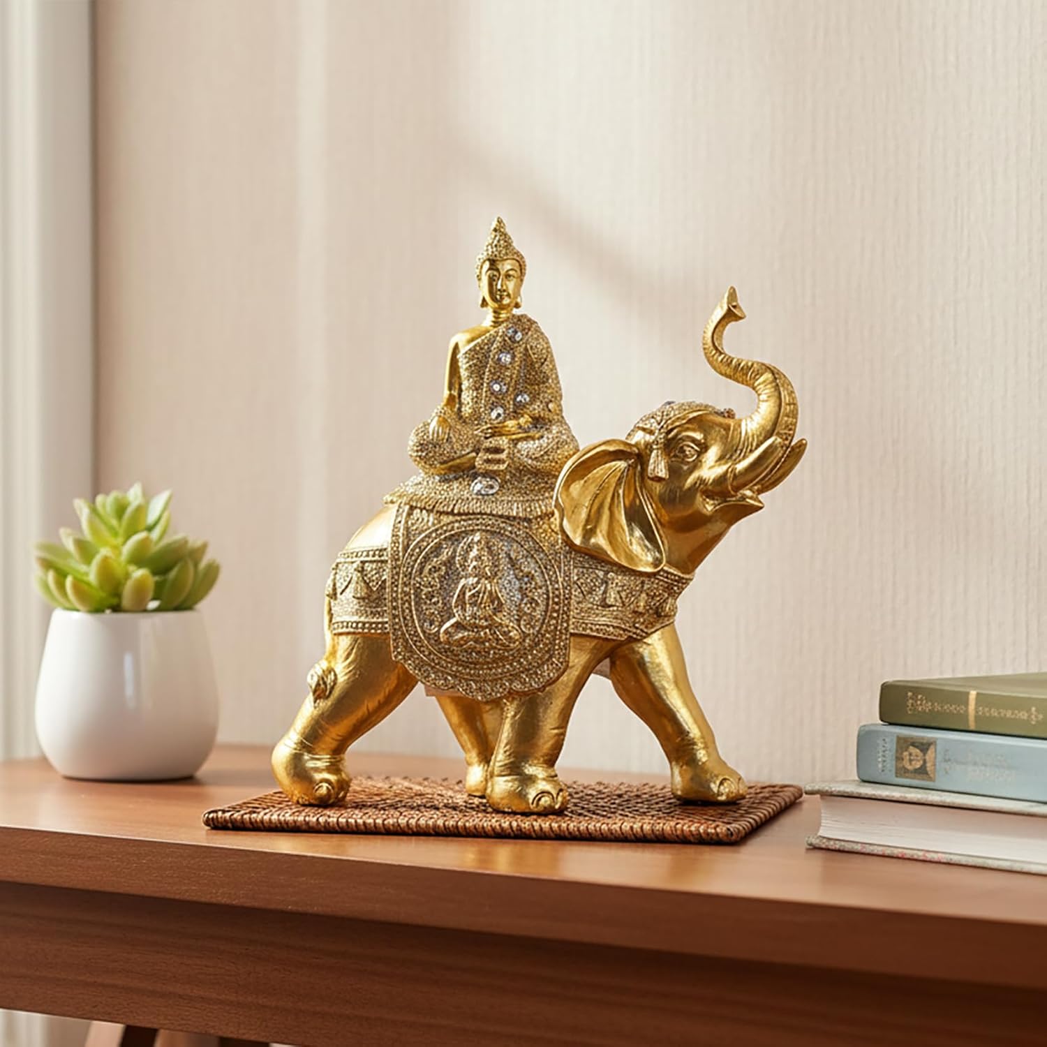 Gold Buddha on Elephant Statue, Decorative Figurine with Silver Glitter Accents, 7.48 x 7.09 x 3.15 Inches