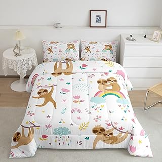 Manfei Kids Cute Sloth Comforter Set Twin Size, Cartoon Animal Theme Quilt Set with 1 Pillowcase, Rainbbow Cloud Hearts Flower Leaves Print Bedding Set 2pcs for Boys Girls Bedroom Decor