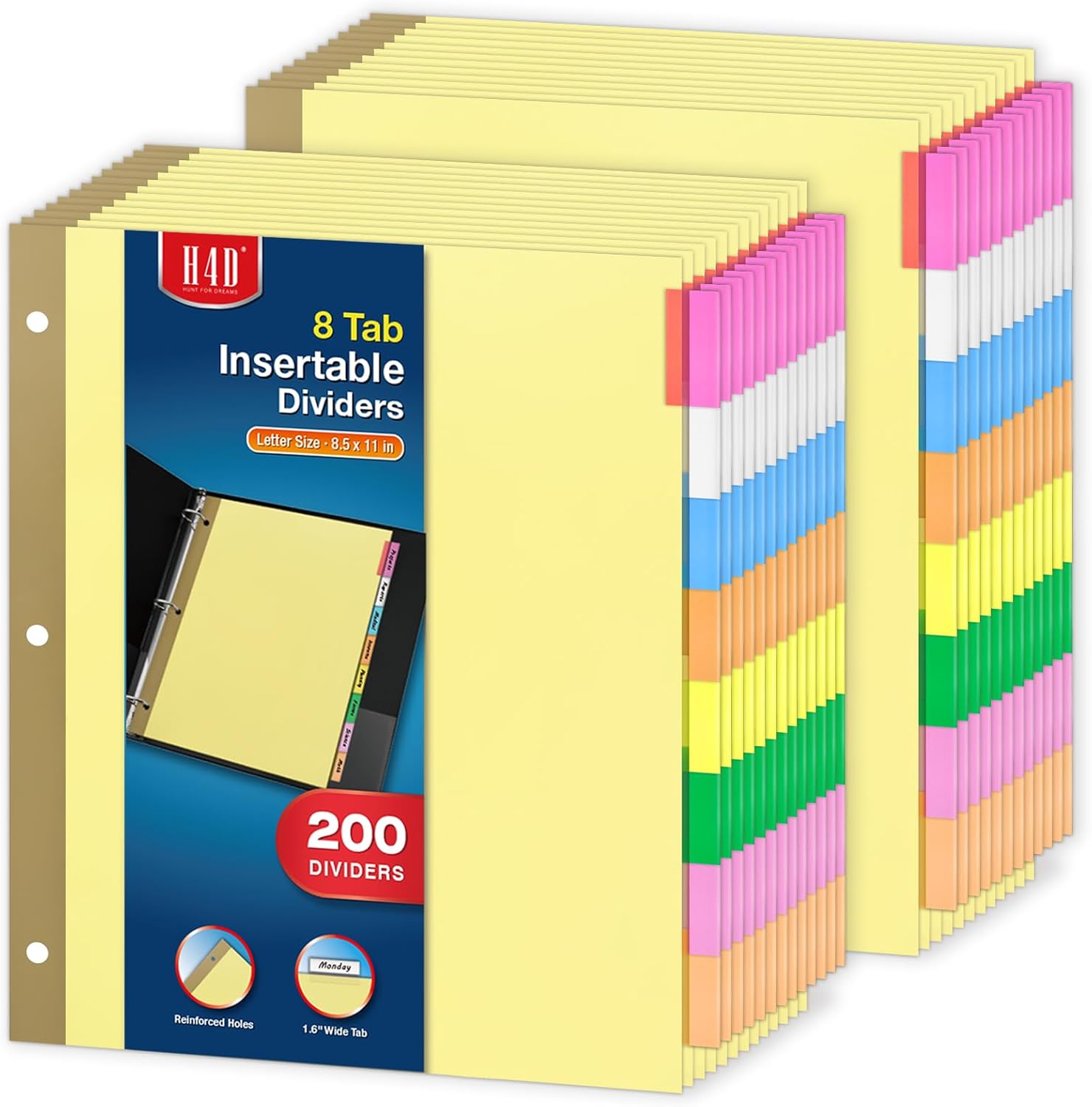 H4D 200 Pack Insertable Binder Dividers with 8 Tabs, Multicolor Tab Dividers for 3-Ring Binder, Gold-Reinforced Holes, Letter Size
