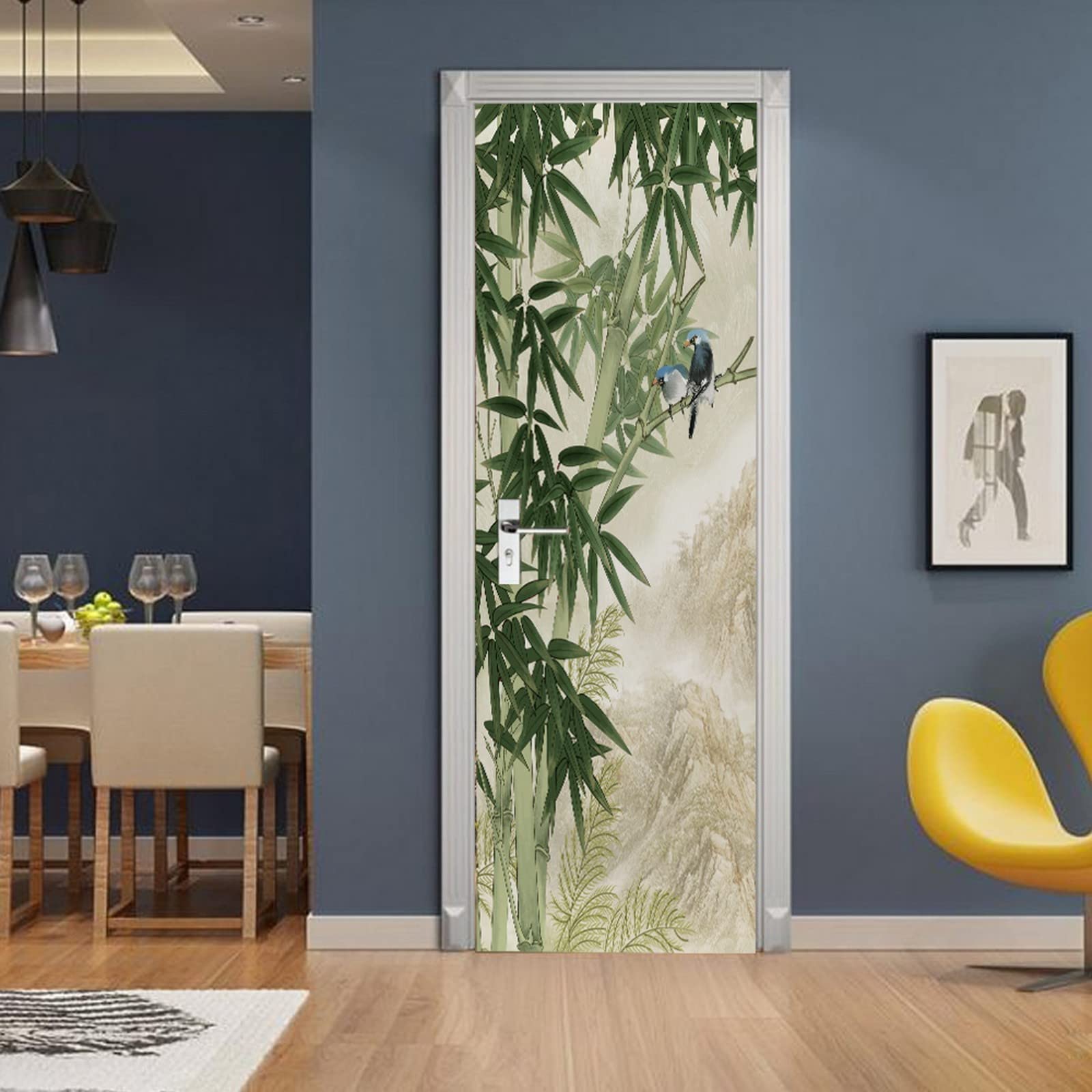 A.Monamour Adesivo Porta Autoadesiva 3D Uccelli Su Bambù Verde Disegno Sullo Sfondo Del Paesaggio Di Montagna Vinile PVC Adesivi per Porte Interne Pellicola Adesiva Poster Sticker Murale Parete