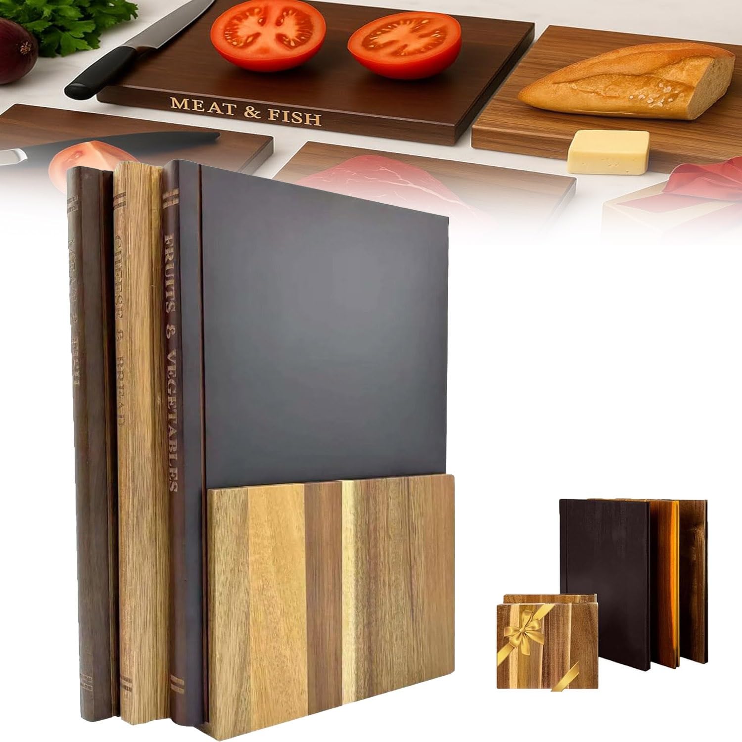 Set di 3 Taglieri in Legno per Libri, Facili da Riporre, con Supporto, Antiscivolo, con Scanalature per Il Succo, Tagliere Decorativo per Carne, Frutta e Verdura