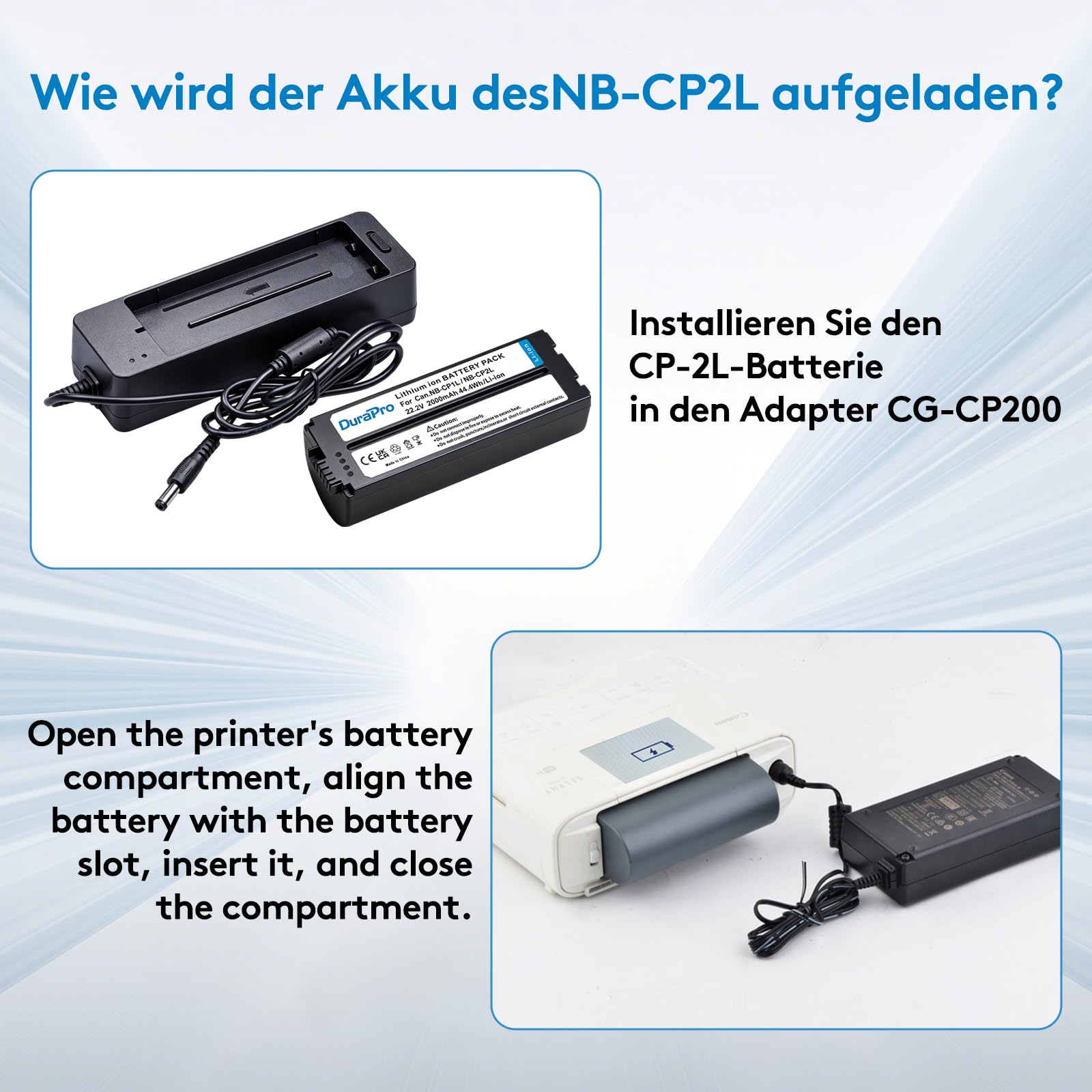 DuraPro New 2000mAh NB-CP2L NB CP2L Akku + Ladegerät Adapter für Canon NB-CP1L SELPHY CP1300,CP1500,CP100,CP200,CP300,CP400,CP510,CP600 Fotodrucker