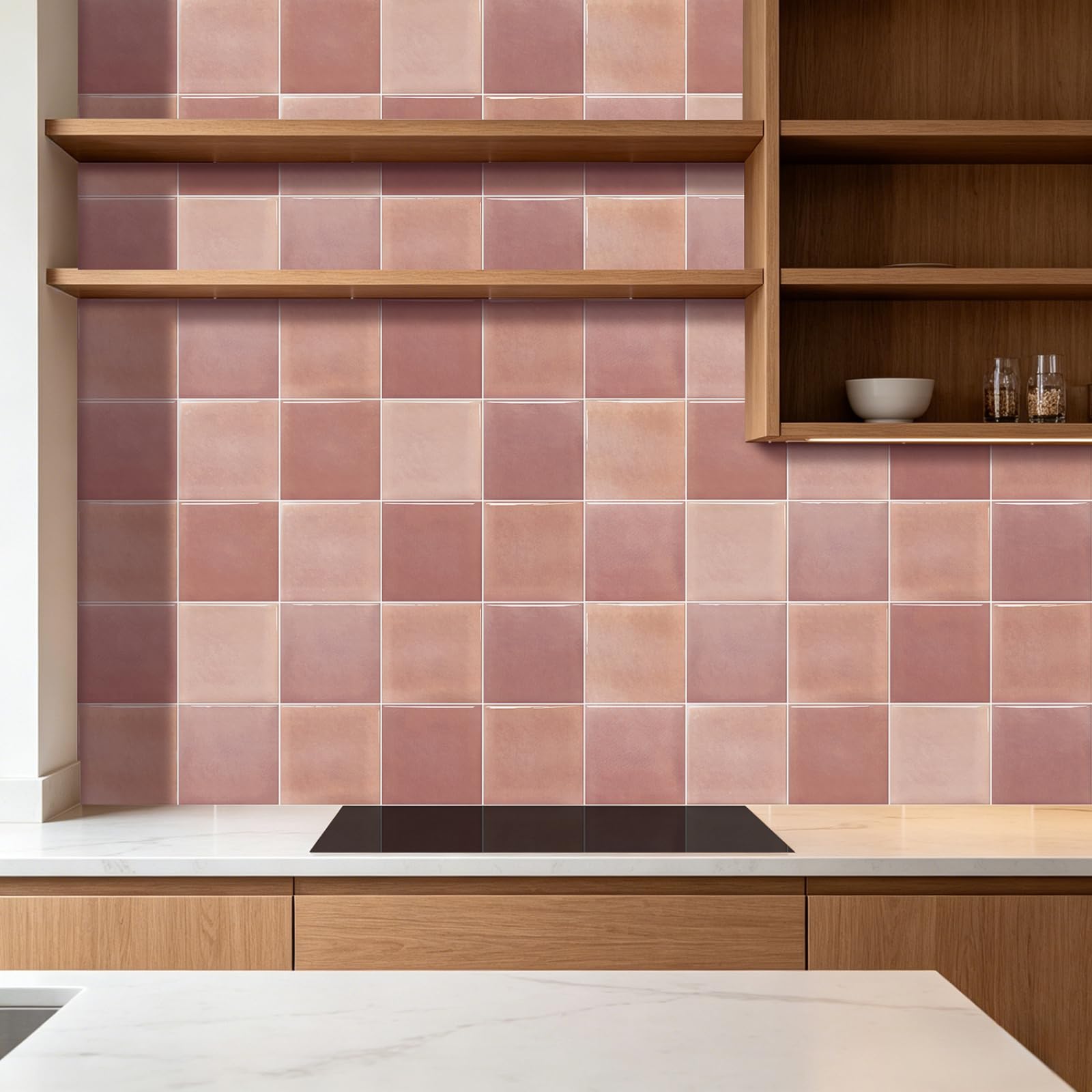 Stick on Tiles Pink Brown Brick Tile Stickers for Bathroom Kitchen Backsplash Waterproof Tile Covers for Fireplace Surround Cabinet Furniture Stick on Kitchen Tiles 10x10 cm/10 pcs