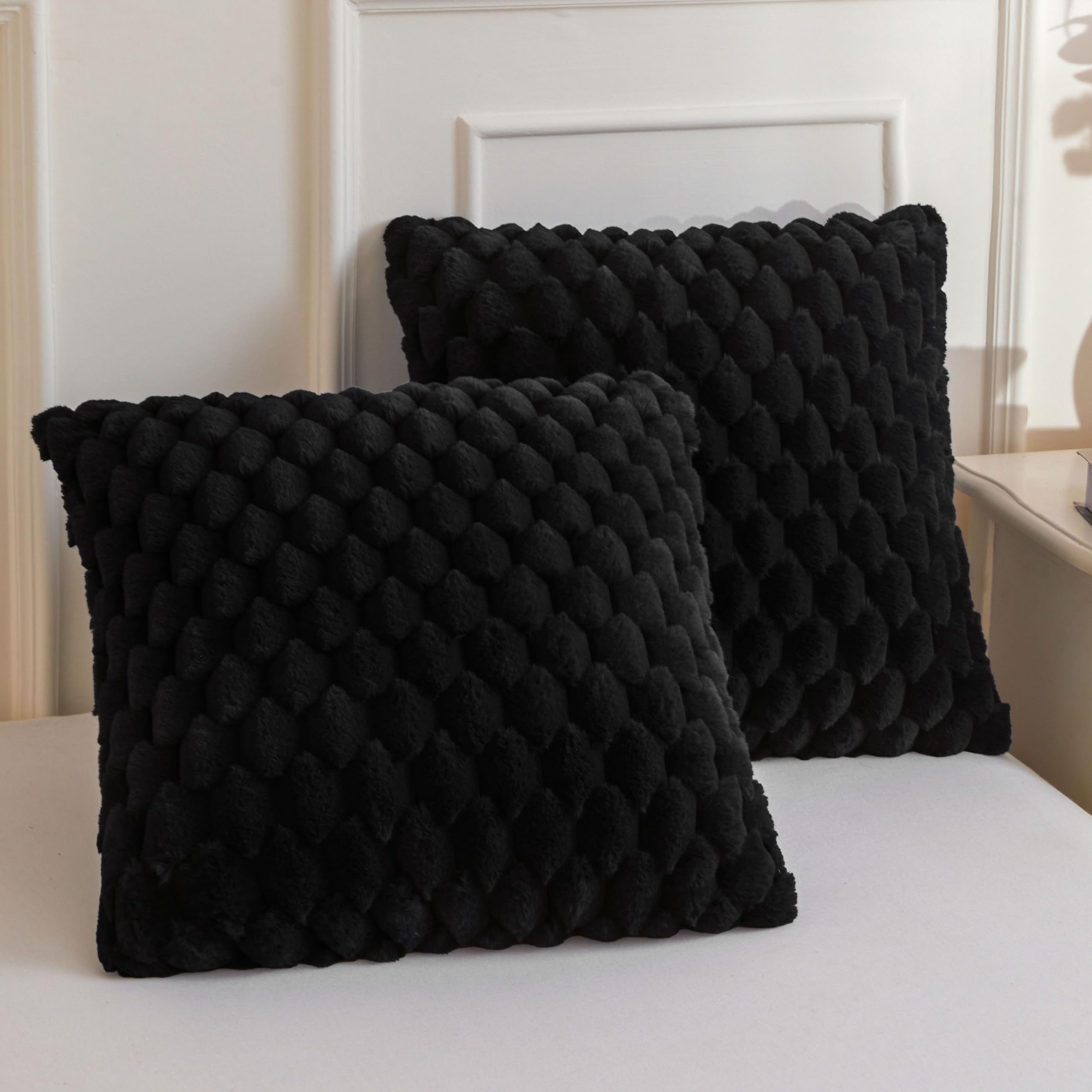 XeGe Luxury Bubble Fluffy Faux Rabbit Fur Throw Pillow Covers 45x45cm Black