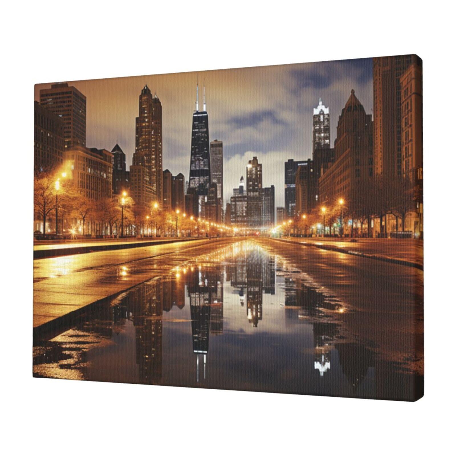 FodPand Canvas Wall Art for Living Room Wall Decor 12"x16" Modern Artwork Painting Pictures Hanging Canvas Prints Chicago Aesthetic Wall Art for Bedroom Bathroom Office Wallart Decor