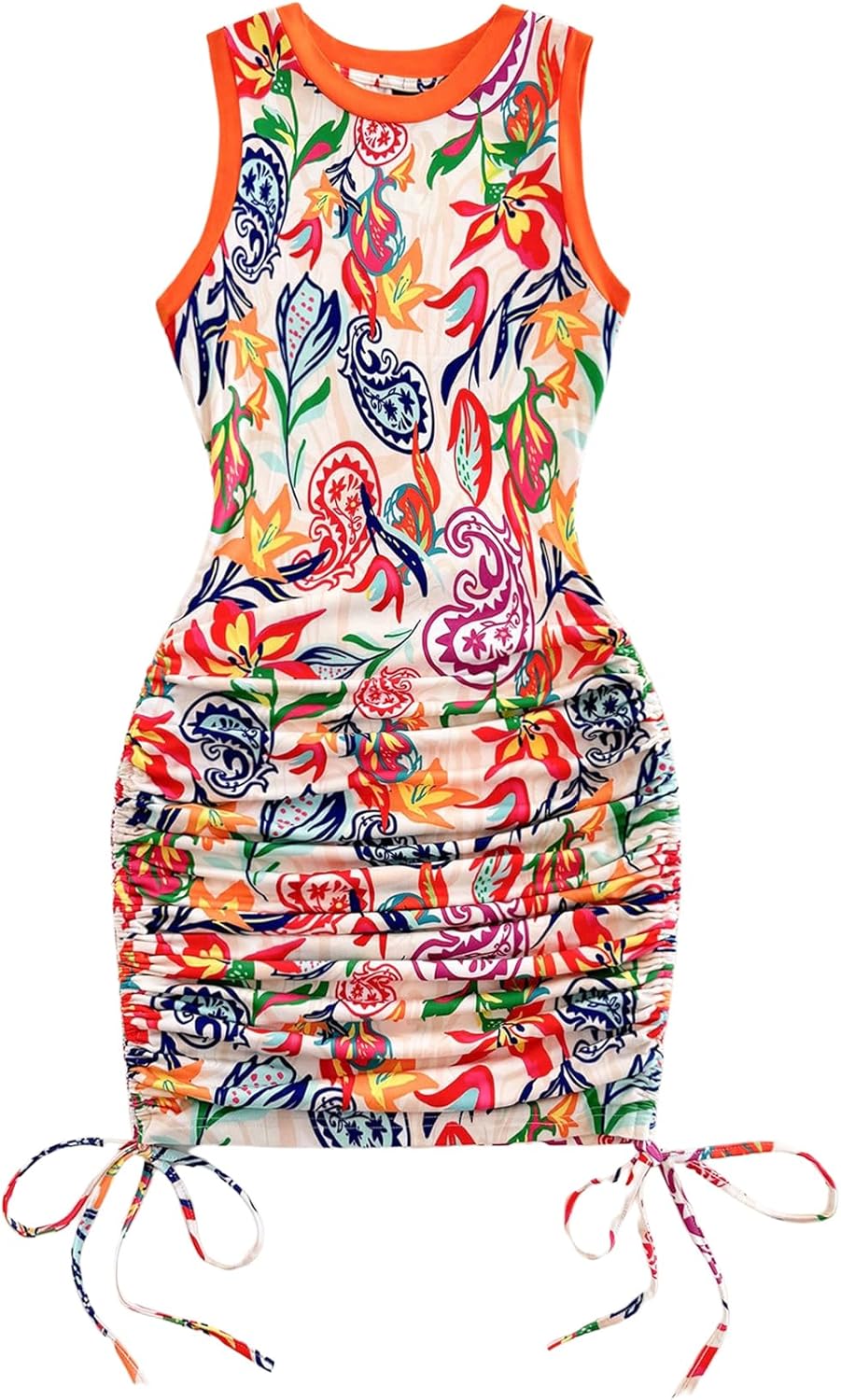 SOLY HUX Women's Summer Bodycon Mini Dresses Floral Print Ruched Sleeveless Vacation Beach Tank Dress