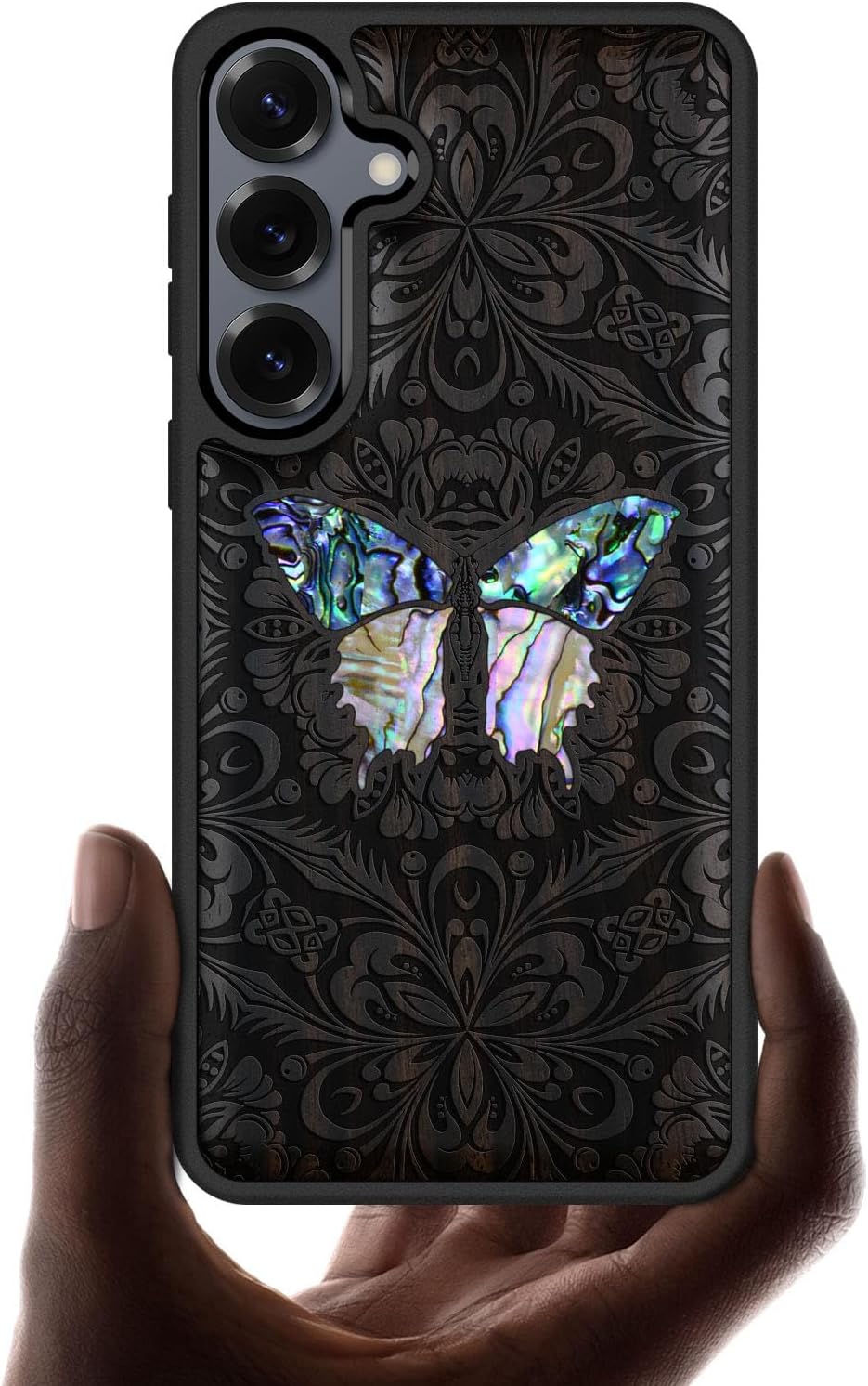 Carveit Magnetic Wooden Case for Galaxy S25+ / S25 Plus Case, Wood Artisan Engraved & Handmade Shell Inlaid, Compatible with MagSafe Wireless Chargers (Baroque Butterfly) Blackwood
