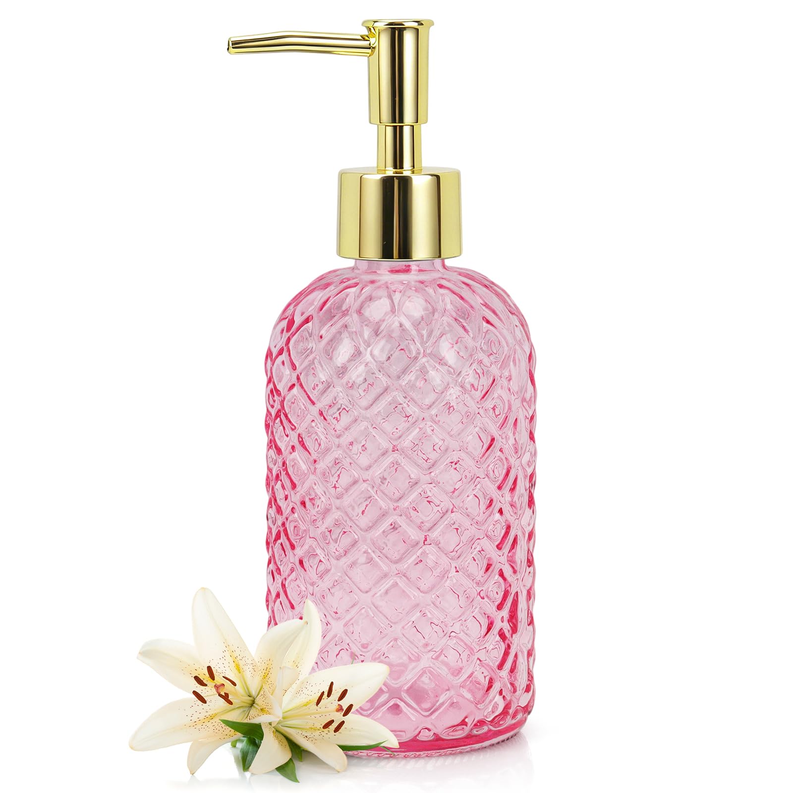 Hebaogugu Clear Pink Soap Dispenser with Plastic Gold Pump 400ml/14oz