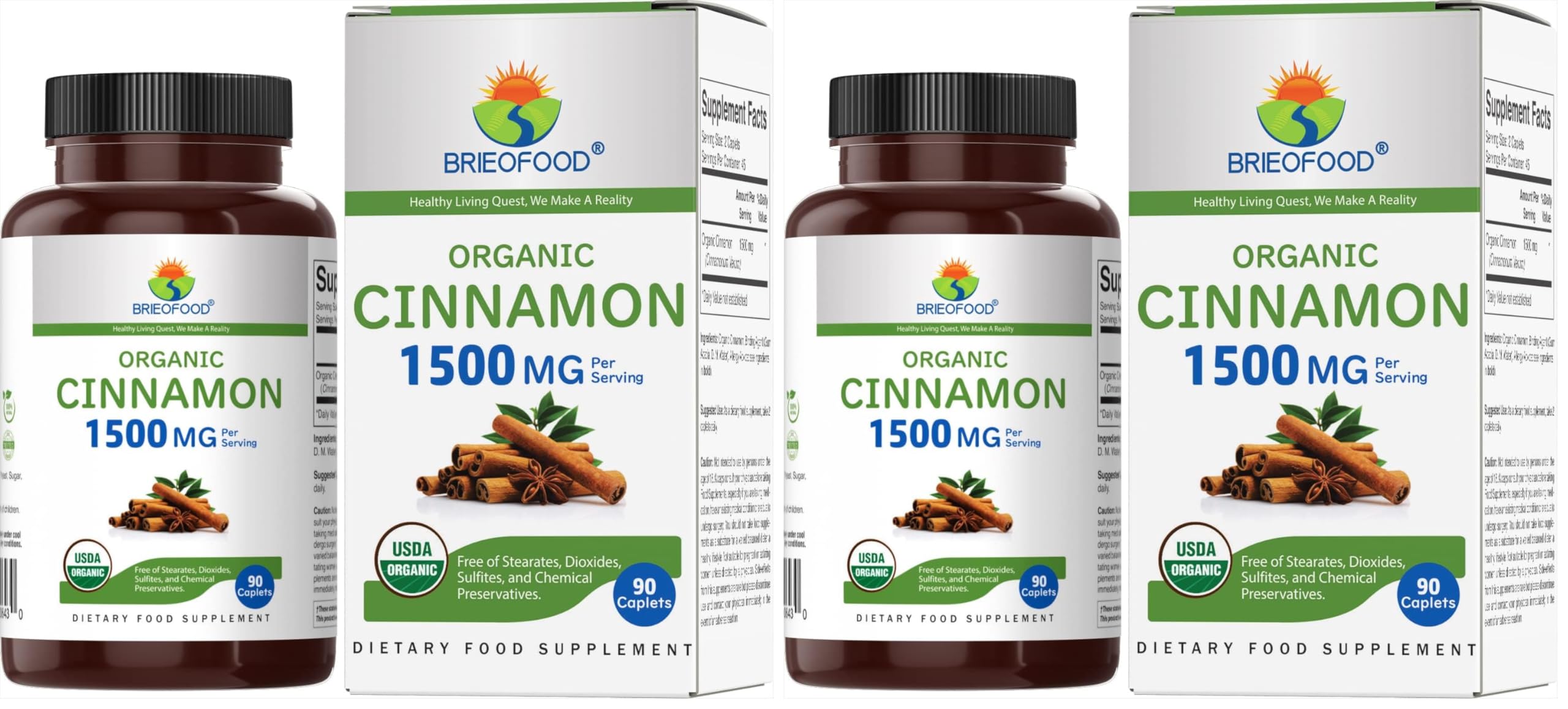 Brieofood Organic Cinnamon 1500mg, 45 Servings, Vegetarian, Gluten Free, 90 Vegetarian Tablets (Pack of 2) 90 Count (Pack of 2)